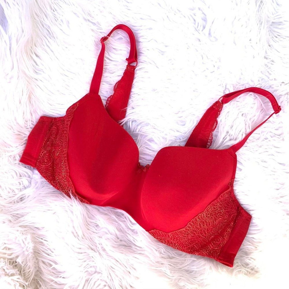 Cacique Red Gold Metallic Lace Full Coverage Underwire Bra 44DD Lane Bryant